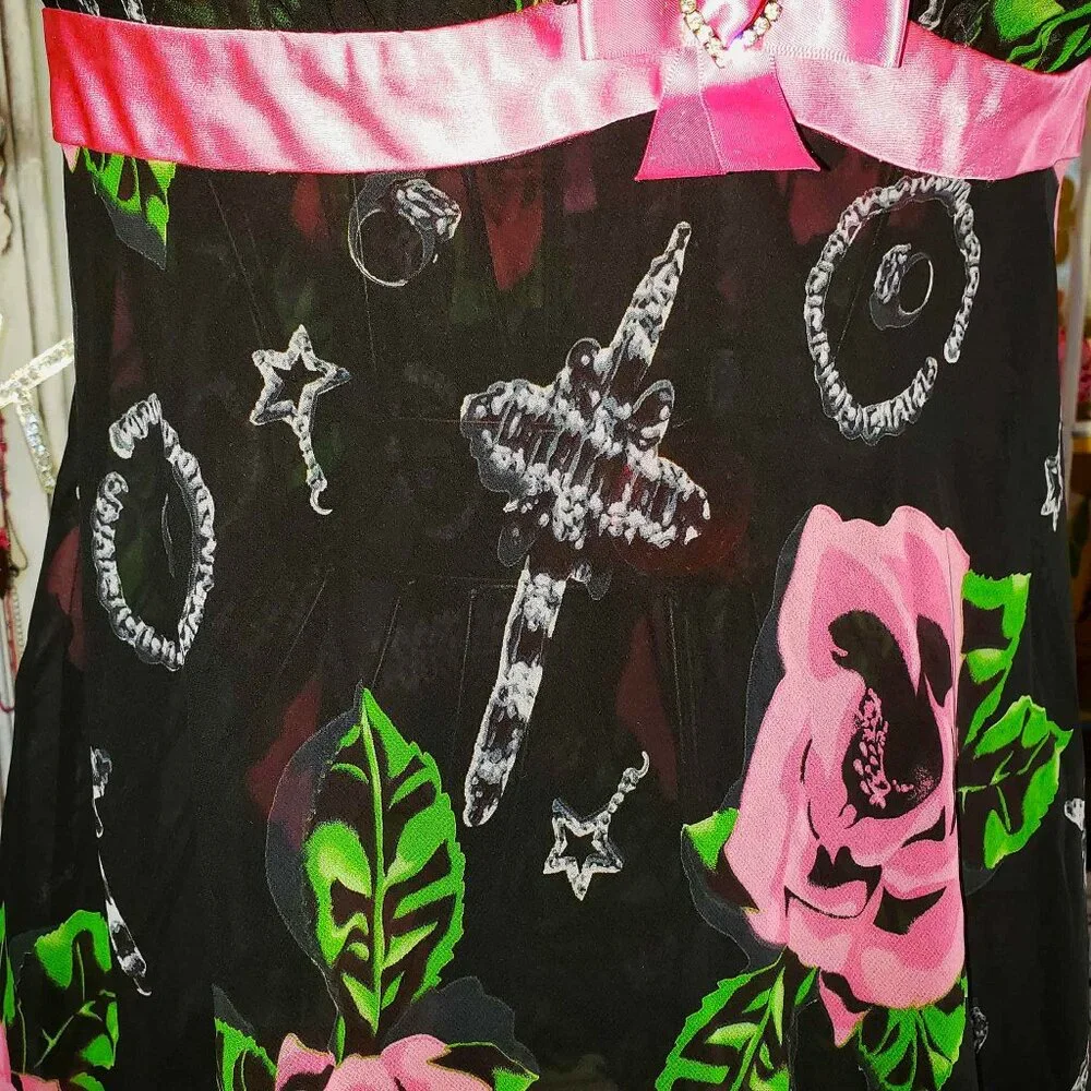 Vintage Betsey Johnson Slip Dress Y2K Black Floral Rose Jewelry Print Babydoll S - Picture 9 of 15
